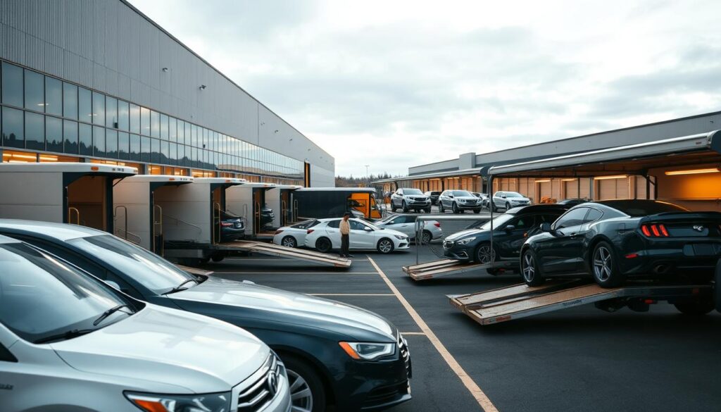 A sprawling auto transport hub in Lacey, Washington, with a fleet of open-air car carriers parked in the foreground, their ramps extended to load and unload vehicles. In the middle ground, a busy loading area with workers meticulously inspecting and securing each car. The background features a modern, well-lit warehouse facility, its sleek glass facade reflecting the crisp, overcast sky. Soft, diffused lighting creates a sense of professionalism and efficiency, while the overall composition conveys the comprehensive "end-to-end" auto transport services offered in this thriving Lacey location. A sprawling auto transport hub in Lacey, Washington, with a fleet of open-air car carriers parked in the foreground, their ramps extended to load and unload vehicles. In the middle ground, a busy loading area with workers meticulously inspecting and securing each car. The background features a modern, well-lit warehouse facility, its sleek glass facade reflecting the crisp, overcast sky. Soft, diffused lighting creates a sense of professionalism and efficiency, while the overall composition conveys the comprehensive "end-to-end" auto transport services offered in this thriving Lacey location.