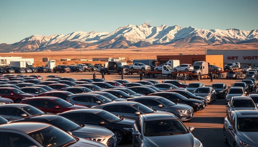 A sprawling auto transport lot nestled in the heart of Cody, Wyoming. In the foreground, a fleet of gleaming cars and trucks await their journey, their polished exteriors reflecting the warm, golden sunlight that bathes the scene. In the middle ground, a team of skilled drivers expertly maneuver the vehicles onto specialized car carriers, ensuring safe and efficient transport. The background is dominated by the rugged, snow-capped peaks of the Absaroka Range, casting a majestic backdrop to this bustling hub of automotive logistics. The overall atmosphere is one of professionalism, attention to detail, and a deep respect for the vehicles and their owners.