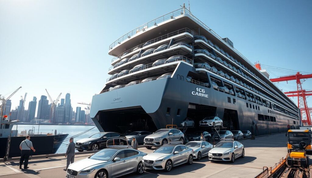 A sprawling car carrier ship docked at a bustling harbor, its towering decks laden with a cargo of shiny new vehicles ready for delivery. In the foreground, a group of workers expertly guide the cars onto the ship using specialized loading equipment, the sun glinting off the metallic frames. The middle ground showcases the ship's sleek, modern design, with its sharp angles and commanding presence. In the background, a cityscape of towering skyscrapers and cranes rises against a clear, azure sky, underscoring the scale and industrial nature of the car shipping industry. The scene conveys a sense of efficiency, power, and the seamless transportation of automobiles across vast distances. A sprawling car carrier ship docked at a bustling harbor, its towering decks laden with a cargo of shiny new vehicles ready for delivery. In the foreground, a group of workers expertly guide the cars onto the ship using specialized loading equipment, the sun glinting off the metallic frames. The middle ground showcases the ship's sleek, modern design, with its sharp angles and commanding presence. In the background, a cityscape of towering skyscrapers and cranes rises against a clear, azure sky, underscoring the scale and industrial nature of the car shipping industry. The scene conveys a sense of efficiency, power, and the seamless transportation of automobiles across vast distances.