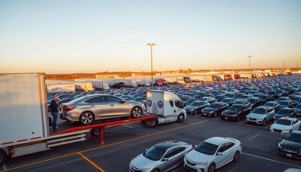 A sprawling car shipping yard in Covington, KY, with rows of vehicles neatly organized under the warm glow of the afternoon sun. In the foreground, a car carrier truck loads a shiny new sedan onto its trailer, the driver carefully securing it in place. In the middle ground, a fleet of transport trucks waits to depart, their sides emblazoned with the logo of a trusted auto transport company. The background is dotted with various makes and models, each one awaiting its journey to its final destination. The scene conveys a sense of efficiency and professionalism, capturing the essence of a reliable car shipping service serving the greater Cincinnati metro area. A sprawling car shipping yard in Covington, KY, with rows of vehicles neatly organized under the warm glow of the afternoon sun. In the foreground, a car carrier truck loads a shiny new sedan onto its trailer, the driver carefully securing it in place. In the middle ground, a fleet of transport trucks waits to depart, their sides emblazoned with the logo of a trusted auto transport company. The background is dotted with various makes and models, each one awaiting its journey to its final destination. The scene conveys a sense of efficiency and professionalism, capturing the essence of a reliable car shipping service serving the greater Cincinnati metro area.