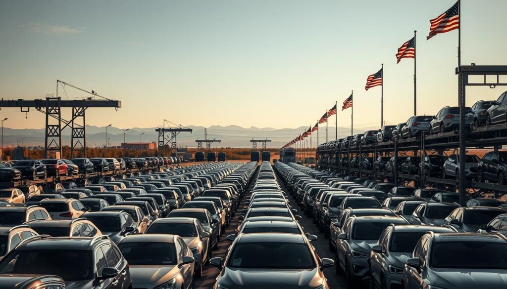 A sprawling car shipping yard in Kennewick, Washington. In the foreground, a fleet of gleaming, freshly-washed automobiles await transport on multi-level car carriers, their chrome and paint glistening under the warm afternoon sun. Towering metal gantries loom in the middle ground, with cranes efficiently loading and unloading vehicles. In the distance, the hazy silhouettes of the Horse Heaven Hills backdrop the scene, creating a sense of tranquility and vast open space. The atmosphere is one of well-oiled efficiency, with a slight breeze rustling the American flags that flutter atop the facility. Cinematic lighting casts dramatic shadows, highlighting the clean lines and purposeful design of the car transport infrastructure. A sprawling car shipping yard in Kennewick, Washington. In the foreground, a fleet of gleaming, freshly-washed automobiles await transport on multi-level car carriers, their chrome and paint glistening under the warm afternoon sun. Towering metal gantries loom in the middle ground, with cranes efficiently loading and unloading vehicles. In the distance, the hazy silhouettes of the Horse Heaven Hills backdrop the scene, creating a sense of tranquility and vast open space. The atmosphere is one of well-oiled efficiency, with a slight breeze rustling the American flags that flutter atop the facility. Cinematic lighting casts dramatic shadows, highlighting the clean lines and purposeful design of the car transport infrastructure.