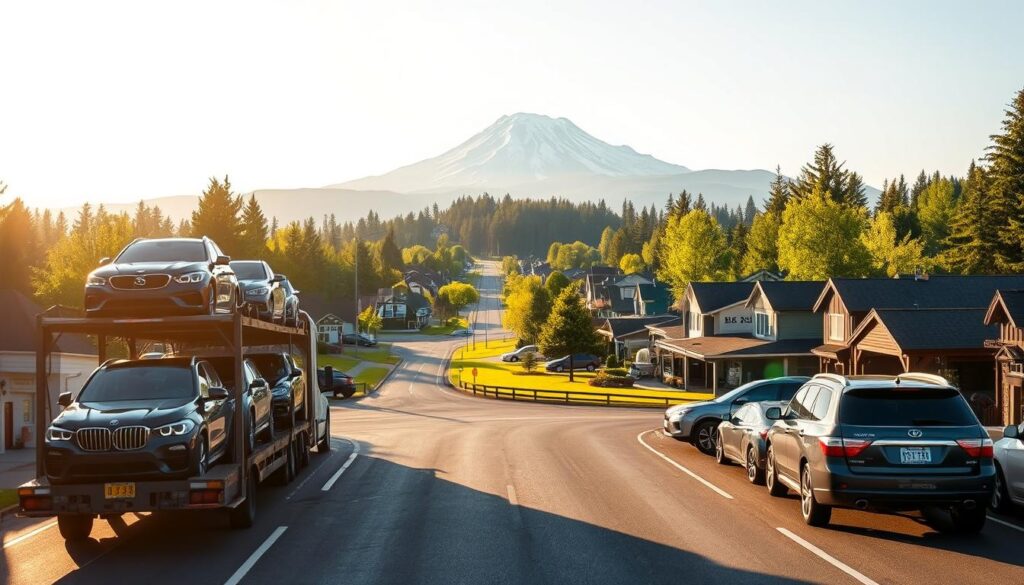 A sprawling car transport scene set in the charming town of Maple Valley. In the foreground, a large car carrier truck stands proudly, its ramps extended to load or unload a fleet of gleaming automobiles. Sunlight streams in from the left, casting warm shadows and highlights across the vehicles. In the middle ground, a well-maintained road winds through lush greenery, with quaint houses and businesses lining the streets. In the distance, the majestic Mount Rainier looms, its snow-capped peaks framing the idyllic landscape. The overall atmosphere exudes a sense of reliable, small-town transportation services amidst the natural beauty of the Pacific Northwest. A sprawling car transport scene set in the charming town of Maple Valley. In the foreground, a large car carrier truck stands proudly, its ramps extended to load or unload a fleet of gleaming automobiles. Sunlight streams in from the left, casting warm shadows and highlights across the vehicles. In the middle ground, a well-maintained road winds through lush greenery, with quaint houses and businesses lining the streets. In the distance, the majestic Mount Rainier looms, its snow-capped peaks framing the idyllic landscape. The overall atmosphere exudes a sense of reliable, small-town transportation services amidst the natural beauty of the Pacific Northwest.