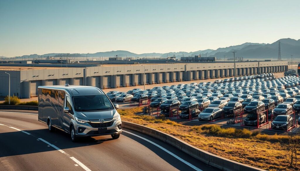 A sprawling industrial landscape in Federal Way, where gleaming car carriers transport vehicles with precision. In the foreground, a sleek, modern car carrier navigates the winding roads, its chrome accents reflecting the sun's rays. In the middle ground, rows of neatly stacked cars await their journey, each one meticulously secured for safe transport. The background is dominated by towering warehouses, their utilitarian facades emblematic of the efficient logistics that define this bustling vehicle shipping hub. Crisp, directional lighting illuminates the scene, casting dramatic shadows and highlighting the smooth lines of the transportation equipment. An atmosphere of professionalism and reliability permeates the image, underscoring Federal Way's reputation as an ideal location for seamless vehicle shipping. A sprawling industrial landscape in Federal Way, where gleaming car carriers transport vehicles with precision. In the foreground, a sleek, modern car carrier navigates the winding roads, its chrome accents reflecting the sun's rays. In the middle ground, rows of neatly stacked cars await their journey, each one meticulously secured for safe transport. The background is dominated by towering warehouses, their utilitarian facades emblematic of the efficient logistics that define this bustling vehicle shipping hub. Crisp, directional lighting illuminates the scene, casting dramatic shadows and highlighting the smooth lines of the transportation equipment. An atmosphere of professionalism and reliability permeates the image, underscoring Federal Way's reputation as an ideal location for seamless vehicle shipping.