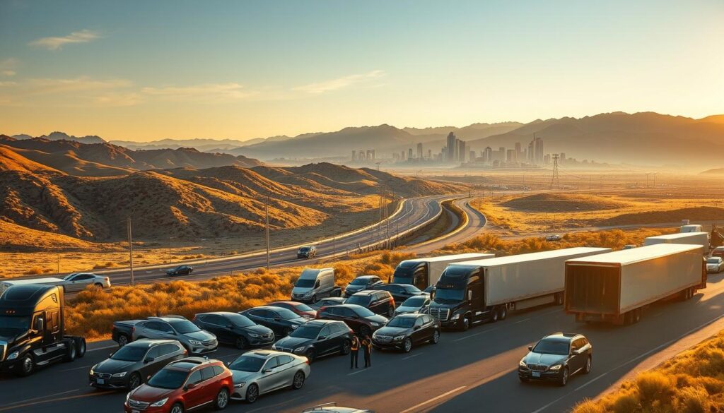 A sprawling landscape of rolling hills and rugged terrain, with a prominent highway cutting through the center of the frame. In the foreground, a fleet of shiny cars and trucks are being loaded and unloaded by a team of efficient workers, the scene bathed in warm, golden light from the setting sun. In the background, the majestic Rock Springs skyline rises up, a testament to the region's thriving transportation and logistics industry. The composition is balanced and dynamic, capturing the essence of a reliable, well-oiled car shipping and auto transport operation in the heart of Rock Springs. A sprawling landscape of rolling hills and rugged terrain, with a prominent highway cutting through the center of the frame. In the foreground, a fleet of shiny cars and trucks are being loaded and unloaded by a team of efficient workers, the scene bathed in warm, golden light from the setting sun. In the background, the majestic Rock Springs skyline rises up, a testament to the region's thriving transportation and logistics industry. The composition is balanced and dynamic, capturing the essence of a reliable, well-oiled car shipping and auto transport operation in the heart of Rock Springs.