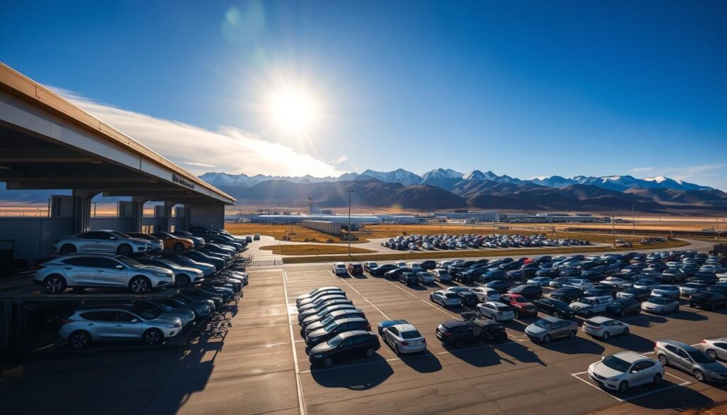 A sprawling vista of rugged Wyoming terrain, where the sun casts a warm glow over a bustling vehicle transport hub in Rawlins. In the foreground, a fleet of gleaming car carriers meticulously load and unload their precious cargo, their hydraulic lifts gently lowering vehicles onto the tarmac. The middle ground features a well-organized parking area, where rows of meticulously maintained cars await their journey to destinations near and far. In the background, the majestic Rocky Mountains rise up, their snow-capped peaks creating a striking contrast against the vibrant blue sky. The scene evokes a sense of efficiency, reliability, and the rugged spirit of the American West, making Rawlins an ideal location for vehicle transport. A sprawling vista of rugged Wyoming terrain, where the sun casts a warm glow over a bustling vehicle transport hub in Rawlins. In the foreground, a fleet of gleaming car carriers meticulously load and unload their precious cargo, their hydraulic lifts gently lowering vehicles onto the tarmac. The middle ground features a well-organized parking area, where rows of meticulously maintained cars await their journey to destinations near and far. In the background, the majestic Rocky Mountains rise up, their snow-capped peaks creating a striking contrast against the vibrant blue sky. The scene evokes a sense of efficiency, reliability, and the rugged spirit of the American West, making Rawlins an ideal location for vehicle transport.