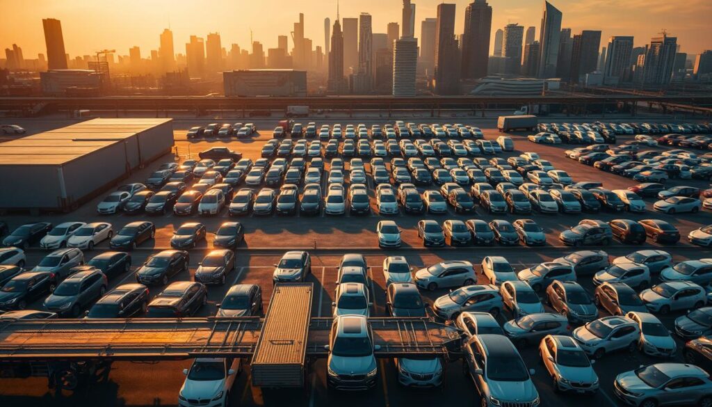 A striking overhead view of a bustling auto transport lot, with rows of vehicles neatly arranged under the warm glow of golden hour lighting. In the foreground, a large car carrier trailer stands ready, its hydraulic ramps extended, ready to transport a fleet of gleaming automobiles. The middle ground is filled with a variety of makes and models, from compact sedans to towering SUVs, all awaiting their turn to be loaded and shipped. In the background, the silhouettes of a modern city skyline provide a sleek, urban backdrop, hinting at the wide-ranging destinations these vehicles will soon travel to. The scene conveys a sense of efficiency, reliability, and the importance of Ferndale's trusted auto transport services. A striking overhead view of a bustling auto transport lot, with rows of vehicles neatly arranged under the warm glow of golden hour lighting. In the foreground, a large car carrier trailer stands ready, its hydraulic ramps extended, ready to transport a fleet of gleaming automobiles. The middle ground is filled with a variety of makes and models, from compact sedans to towering SUVs, all awaiting their turn to be loaded and shipped. In the background, the silhouettes of a modern city skyline provide a sleek, urban backdrop, hinting at the wide-ranging destinations these vehicles will soon travel to. The scene conveys a sense of efficiency, reliability, and the importance of Ferndale's trusted auto transport services.
