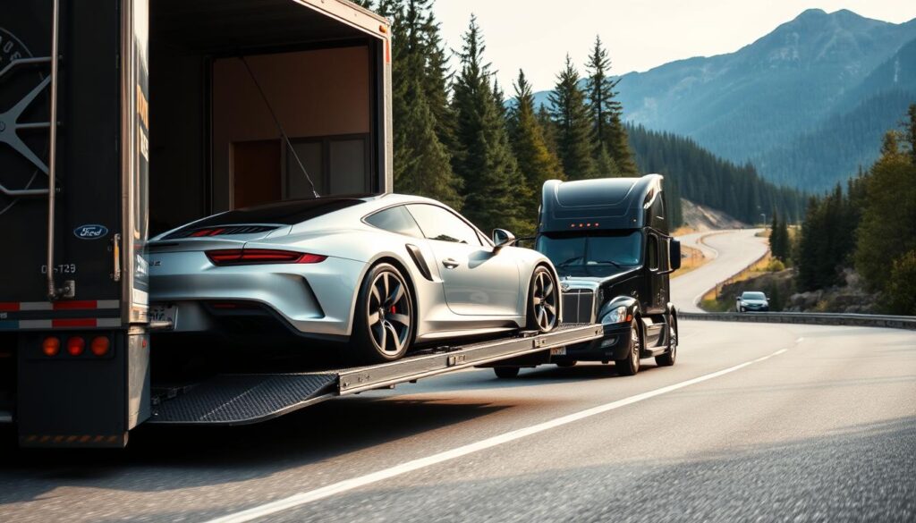 A sturdy auto transport truck navigates a winding mountain road, its hydraulic ramps extended to gracefully load a gleaming sports car. The truck's chrome trim and bold graphics convey a sense of reliability and professionalism. In the background, lush evergreen forests and rugged peaks create a scenic backdrop, hinting at the care and attention required to transport vehicles safely through the challenging terrain of Ellensburg, Washington. Soft, directional lighting casts dramatic shadows, emphasizing the vehicle's sleek curves and the transport's robust engineering. The overall mood is one of confidence, competence, and attention to detail - qualities that embody the reliable car shipping services offered in this region. A sturdy auto transport truck navigates a winding mountain road, its hydraulic ramps extended to gracefully load a gleaming sports car. The truck's chrome trim and bold graphics convey a sense of reliability and professionalism. In the background, lush evergreen forests and rugged peaks create a scenic backdrop, hinting at the care and attention required to transport vehicles safely through the challenging terrain of Ellensburg, Washington. Soft, directional lighting casts dramatic shadows, emphasizing the vehicle's sleek curves and the transport's robust engineering. The overall mood is one of confidence, competence, and attention to detail - qualities that embody the reliable car shipping services offered in this region.