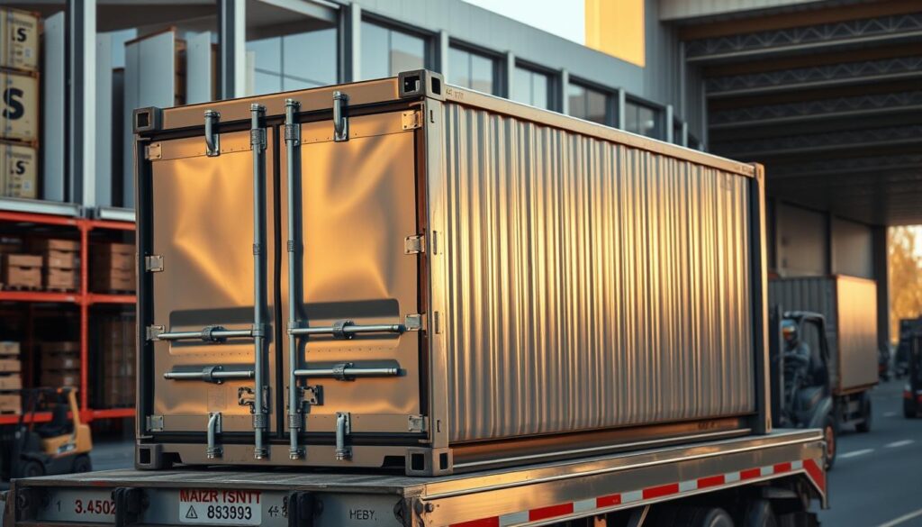 A sturdy, reinforced cargo container sits securely on a delivery van, its gleaming metal surface reflecting the warm afternoon sunlight. Thick steel bars and a heavy-duty locking mechanism protect the valuable contents within, as the van navigates the bustling city streets. In the background, a modern warehouse looms, its rows of shelves and forklifts hinting at the efficient logistics that ensure safe and reliable transport. The scene conveys a sense of diligence and care, emphasizing the importance of safeguarding the integrity of each shipment. A sturdy, reinforced cargo container sits securely on a delivery van, its gleaming metal surface reflecting the warm afternoon sunlight. Thick steel bars and a heavy-duty locking mechanism protect the valuable contents within, as the van navigates the bustling city streets. In the background, a modern warehouse looms, its rows of shelves and forklifts hinting at the efficient logistics that ensure safe and reliable transport. The scene conveys a sense of diligence and care, emphasizing the importance of safeguarding the integrity of each shipment.