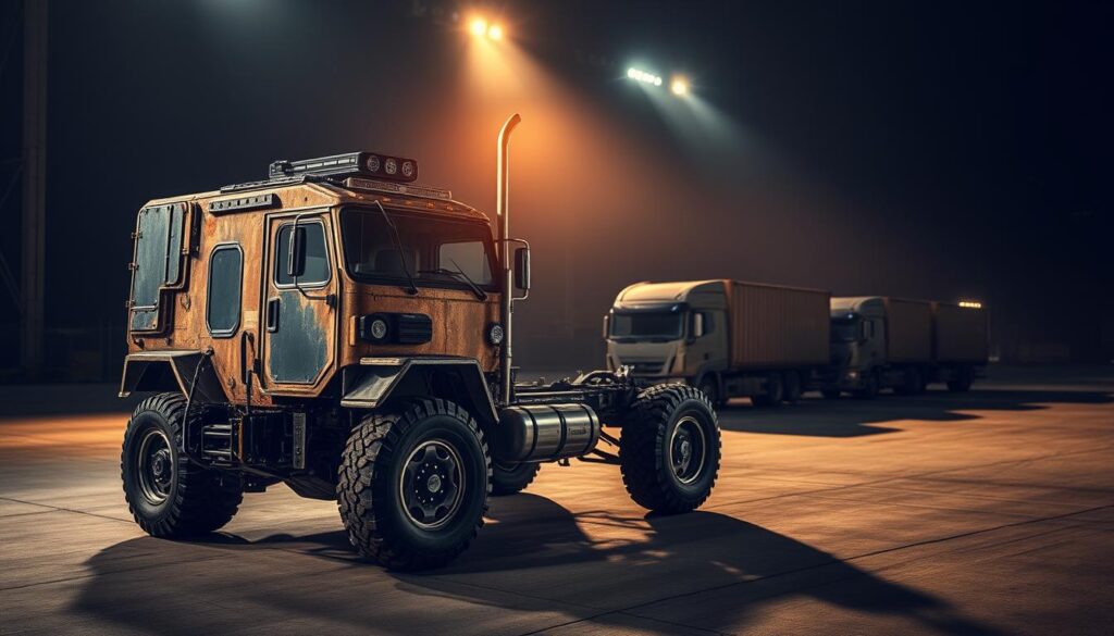 A sturdy, weathered vehicle sits in the foreground, its body protected by a sleek, gleaming metallic exoskeleton. Intricate mechanisms and reinforced panels seamlessly integrate to create a formidable, roadworthy shield. In the middle ground, a fleet of transport trucks, their cargo compartments reinforced with advanced security systems, stand ready to safely deliver precious cargo. The background is a dimly lit, industrial landscape, casting long shadows that accentuate the rugged, high-tech aesthetic. Powerful spotlights illuminate the scene, casting a warm, authoritative glow that conveys a sense of unwavering protection and reliable service.