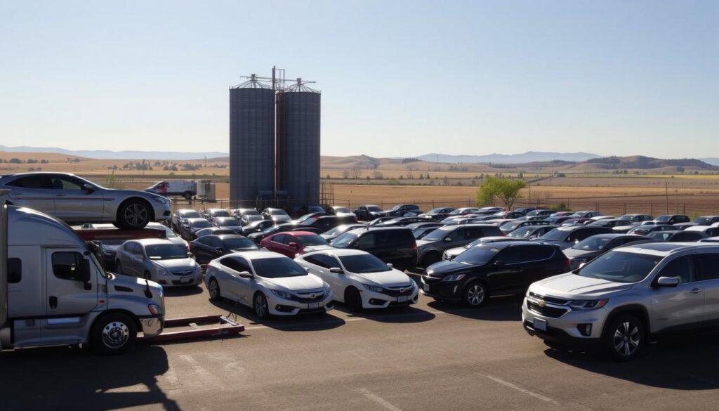 A sun-dappled car shipping yard in Moses Lake, WA, with a fleet of gleaming vehicles awaiting transport. In the foreground, a car carrier truck stands ready, its hydraulic lift poised to smoothly load the cars. In the middle ground, neatly organized rows of sedans, SUVs, and pickup trucks shine under the soft, natural lighting. Towering grain silos and distant rolling hills form the scenic background, creating a sense of the tranquil, agricultural setting. The overall mood is one of efficiency, reliability, and the trusted expertise of the local car shipping service. A sun-dappled car shipping yard in Moses Lake, WA, with a fleet of gleaming vehicles awaiting transport. In the foreground, a car carrier truck stands ready, its hydraulic lift poised to smoothly load the cars. In the middle ground, neatly organized rows of sedans, SUVs, and pickup trucks shine under the soft, natural lighting. Towering grain silos and distant rolling hills form the scenic background, creating a sense of the tranquil, agricultural setting. The overall mood is one of efficiency, reliability, and the trusted expertise of the local car shipping service.