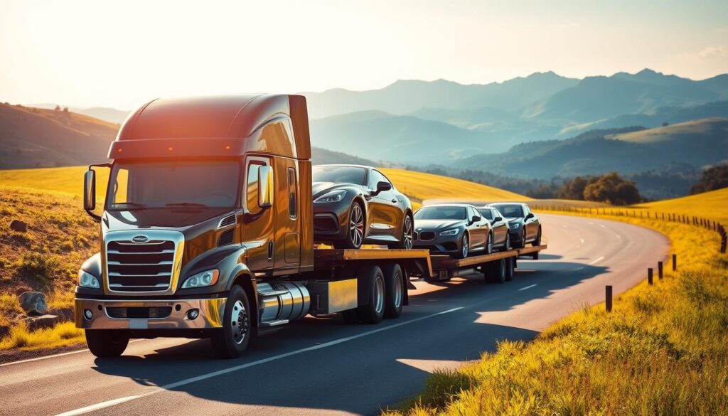 A sun-dappled country road winds through verdant hills, as a sturdy, well-maintained car transport truck navigates the winding path. The truck's glossy black exterior reflects the warm afternoon light, its large tires gripping the asphalt firmly. In the middle ground, the truck's trailer is loaded with several carefully secured vehicles, their shiny surfaces gleaming. The background features a picturesque landscape of rolling meadows and distant blue mountains, creating a serene and tranquil atmosphere. The scene conveys a sense of reliability, safety, and attention to detail in the car shipping process. A sun-dappled country road winds through verdant hills, as a sturdy, well-maintained car transport truck navigates the winding path. The truck's glossy black exterior reflects the warm afternoon light, its large tires gripping the asphalt firmly. In the middle ground, the truck's trailer is loaded with several carefully secured vehicles, their shiny surfaces gleaming. The background features a picturesque landscape of rolling meadows and distant blue mountains, creating a serene and tranquil atmosphere. The scene conveys a sense of reliability, safety, and attention to detail in the car shipping process.