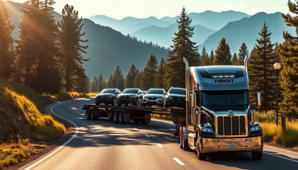 A sun-dappled highway winds through a verdant landscape, flanked by towering pine trees and distant snow-capped mountains. In the foreground, a state-of-the-art car transport truck navigates the winding road, its trailer loaded with a fleet of gleaming new vehicles. The truck's chrome accents glint in the warm afternoon light, and its bold graphics proudly display the logo of a reputable auto transport company. The scene conveys a sense of reliability, efficiency, and the seamless movement of vehicles from one destination to another, reflecting the subject of "Reliable Car Shipping and Auto Transport Green River." A sun-dappled highway winds through a verdant landscape, flanked by towering pine trees and distant snow-capped mountains. In the foreground, a state-of-the-art car transport truck navigates the winding road, its trailer loaded with a fleet of gleaming new vehicles. The truck's chrome accents glint in the warm afternoon light, and its bold graphics proudly display the logo of a reputable auto transport company. The scene conveys a sense of reliability, efficiency, and the seamless movement of vehicles from one destination to another, reflecting the subject of "Reliable Car Shipping and Auto Transport Green River."
