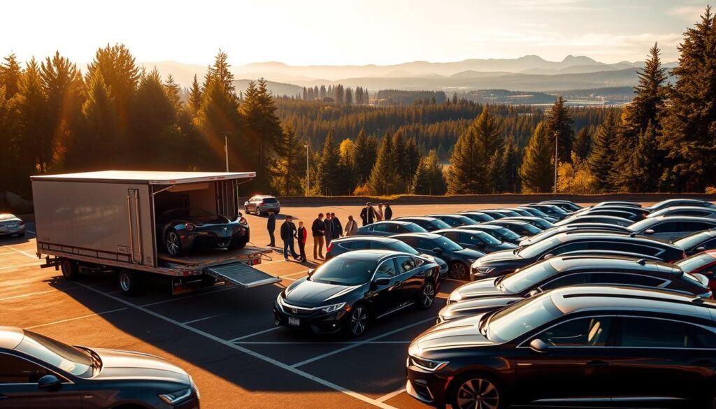 A sun-dappled parking lot in Troutdale, Oregon, where rows of gleaming automobiles await transport. In the foreground, a state-of-the-art car carrier truck, its trailer bed raised, ready to load the latest models. The mid-ground features a group of attentive logistics personnel, meticulously coordinating the loading process. In the background, the lush evergreen landscape of the Pacific Northwest provides a picturesque backdrop, with the iconic Columbia River Gorge visible in the distance. The scene is bathed in warm, golden light, conveying a sense of efficiency and professionalism in the car shipping industry. A sun-dappled parking lot in Troutdale, Oregon, where rows of gleaming automobiles await transport. In the foreground, a state-of-the-art car carrier truck, its trailer bed raised, ready to load the latest models. The mid-ground features a group of attentive logistics personnel, meticulously coordinating the loading process. In the background, the lush evergreen landscape of the Pacific Northwest provides a picturesque backdrop, with the iconic Columbia River Gorge visible in the distance. The scene is bathed in warm, golden light, conveying a sense of efficiency and professionalism in the car shipping industry.