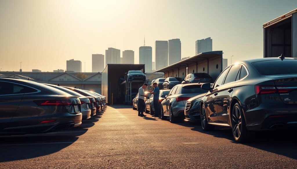 A sun-dappled parking lot, where a fleet of sleek cars await transport. In the foreground, a large car carrier trailer, its hydraulic ramps extended, ready to load the vehicles with precision. Midground, a team of skilled auto transport workers meticulously inspecting each car, ensuring a smooth and secure journey. In the background, the modern skyline of Beaverton frames the scene, conveying a sense of professionalism and reliability. Warm lighting casts a subtle glow, highlighting the gleaming paintwork and chrome details of the cars. The composition captures the essence of a well-oiled, professional car shipping and auto transport service, ready to deliver vehicles with the utmost care. A sun-dappled parking lot, where a fleet of sleek cars await transport. In the foreground, a large car carrier trailer, its hydraulic ramps extended, ready to load the vehicles with precision. Midground, a team of skilled auto transport workers meticulously inspecting each car, ensuring a smooth and secure journey. In the background, the modern skyline of Beaverton frames the scene, conveying a sense of professionalism and reliability. Warm lighting casts a subtle glow, highlighting the gleaming paintwork and chrome details of the cars. The composition captures the essence of a well-oiled, professional car shipping and auto transport service, ready to deliver vehicles with the utmost care.