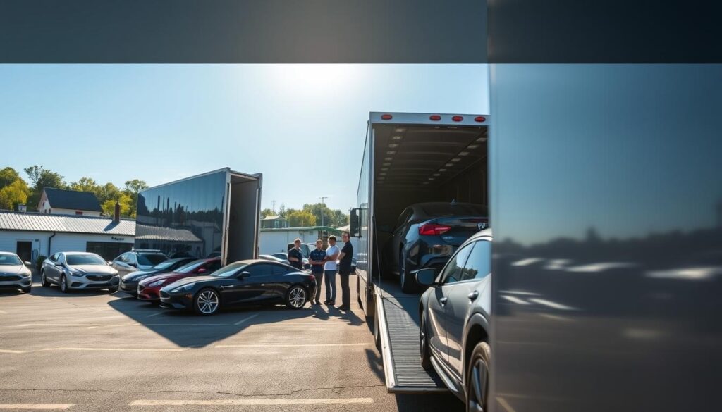 A sun-dappled parking lot, where a gleaming row of automobiles await their journey. In the foreground, a state-of-the-art auto transport truck, its hydraulic ramp extended, ready to gently load and secure the vehicles. The truck's sleek exterior reflects the precise, professional nature of the service. In the middle ground, a team of skilled operators meticulously inspecting each car, ensuring a seamless transport. The background features the familiar landmarks of Upton, a thriving community where this trusted auto transport company has established its reputation for excellence. The scene conveys a sense of efficiency, reliability, and the care taken to deliver vehicles safely to their destination. A sun-dappled parking lot, where a gleaming row of automobiles await their journey. In the foreground, a state-of-the-art auto transport truck, its hydraulic ramp extended, ready to gently load and secure the vehicles. The truck's sleek exterior reflects the precise, professional nature of the service. In the middle ground, a team of skilled operators meticulously inspecting each car, ensuring a seamless transport. The background features the familiar landmarks of Upton, a thriving community where this trusted auto transport company has established its reputation for excellence. The scene conveys a sense of efficiency, reliability, and the care taken to deliver vehicles safely to their destination.