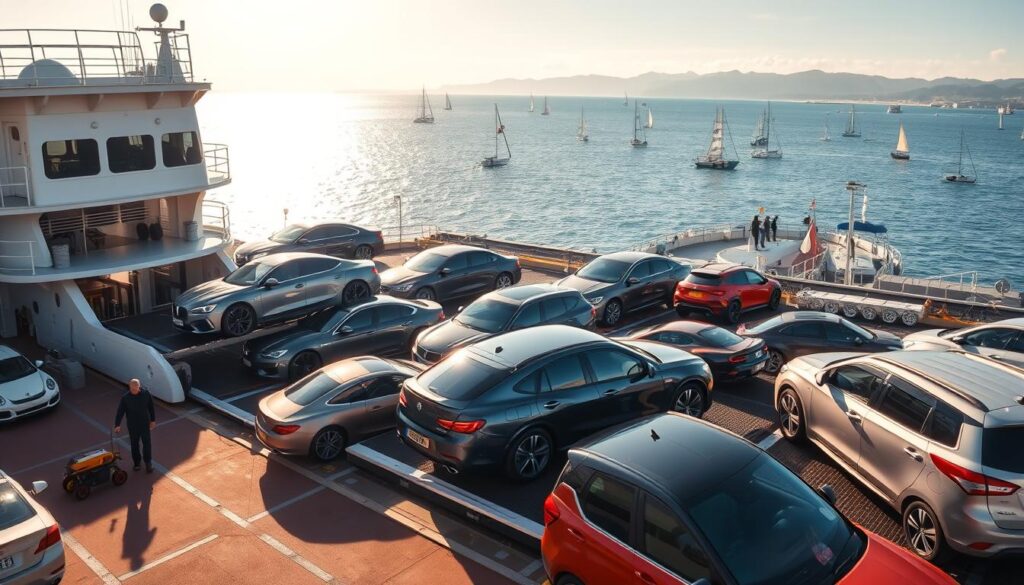 A sun-dappled scene of a car carrier ship docked at a bustling port, its ramps extended as sleek, gleaming automobiles are carefully loaded and secured for transport. The foreground captures the skilled precision of the loading crew, while the middle ground showcases the diverse models awaiting their journey, from sporty coupes to rugged SUVs. In the background, a picturesque harbor vista unfolds, with sailboats dotting the sparkling waters and the silhouettes of distant mountains providing a serene backdrop. The overall atmosphere conveys a sense of efficiency, reliability, and the excitement of vehicles embarking on their next adventure. A sun-dappled scene of a car carrier ship docked at a bustling port, its ramps extended as sleek, gleaming automobiles are carefully loaded and secured for transport. The foreground captures the skilled precision of the loading crew, while the middle ground showcases the diverse models awaiting their journey, from sporty coupes to rugged SUVs. In the background, a picturesque harbor vista unfolds, with sailboats dotting the sparkling waters and the silhouettes of distant mountains providing a serene backdrop. The overall atmosphere conveys a sense of efficiency, reliability, and the excitement of vehicles embarking on their next adventure.