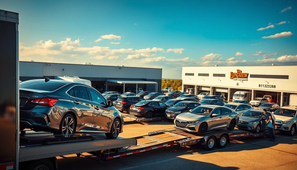A sun-dappled view of a bustling Longview auto transport facility, where a fleet of well-maintained car carriers stands ready to ferry vehicles with care. In the foreground, a shiny sedan is being expertly loaded onto a trailer, its owner watching with relief. The middle ground is filled with the orderly arrangement of other carriers, their cargo neatly secured. In the background, the facility's modern buildings and signage convey a sense of professionalism and reliability. Warm lighting casts a welcoming glow, and the angles capture the efficient flow of the operation, reflecting the "trusted Longview auto transport that fits your timeline and budget". A sun-dappled view of a bustling Longview auto transport facility, where a fleet of well-maintained car carriers stands ready to ferry vehicles with care. In the foreground, a shiny sedan is being expertly loaded onto a trailer, its owner watching with relief. The middle ground is filled with the orderly arrangement of other carriers, their cargo neatly secured. In the background, the facility's modern buildings and signage convey a sense of professionalism and reliability. Warm lighting casts a welcoming glow, and the angles capture the efficient flow of the operation, reflecting the "trusted Longview auto transport that fits your timeline and budget".