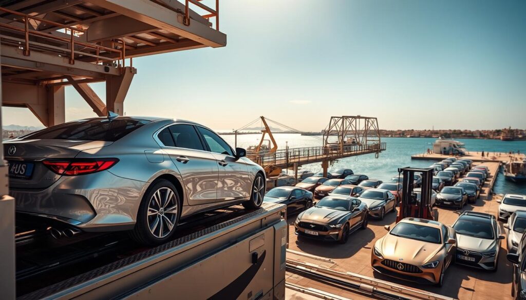 A sun-drenched harbor in Lebanon, showcasing a fleet of gleaming automobiles awaiting transport. In the foreground, a sleek sedan is loaded onto a sturdy car carrier, its metallic finish catching the golden rays. The middle ground features a bustling dock, with cranes and forklifts maneuvering vehicles into position. In the background, the azure Mediterranean Sea meets the horizon, framed by the iconic architecture of the Lebanese coastline. The scene conveys an atmosphere of efficiency, reliability, and the importance of the country's thriving automotive import and export industry. A sun-drenched harbor in Lebanon, showcasing a fleet of gleaming automobiles awaiting transport. In the foreground, a sleek sedan is loaded onto a sturdy car carrier, its metallic finish catching the golden rays. The middle ground features a bustling dock, with cranes and forklifts maneuvering vehicles into position. In the background, the azure Mediterranean Sea meets the horizon, framed by the iconic architecture of the Lebanese coastline. The scene conveys an atmosphere of efficiency, reliability, and the importance of the country's thriving automotive import and export industry.
