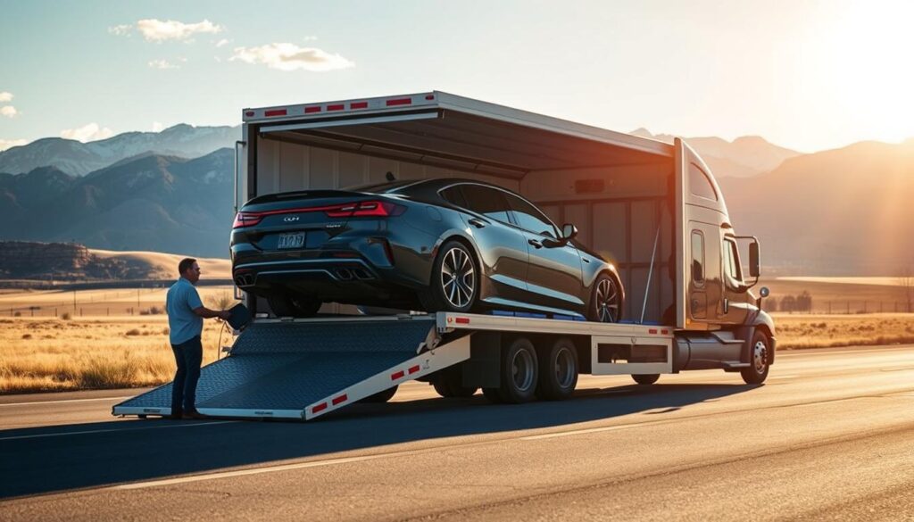 A sun-drenched highway in Laramie, Wyoming, where a gleaming automobile is being delicately loaded onto a modern, state-of-the-art car transport truck. In the foreground, the vehicle's owner stands nearby, supervising the trusted, insured transport process with a reassuring gaze. The truck's sturdy frame and carefully positioned tie-downs suggest a meticulous, safe journey ahead. In the middle ground, the Rocky Mountains loom, their majestic peaks framing the scene with a sense of rugged reliability. Warm, golden light bathes the entire composition, conveying a mood of comfort and confidence in the vehicle's secure transport to its destination. A sun-drenched highway in Laramie, Wyoming, where a gleaming automobile is being delicately loaded onto a modern, state-of-the-art car transport truck. In the foreground, the vehicle's owner stands nearby, supervising the trusted, insured transport process with a reassuring gaze. The truck's sturdy frame and carefully positioned tie-downs suggest a meticulous, safe journey ahead. In the middle ground, the Rocky Mountains loom, their majestic peaks framing the scene with a sense of rugged reliability. Warm, golden light bathes the entire composition, conveying a mood of comfort and confidence in the vehicle's secure transport to its destination.