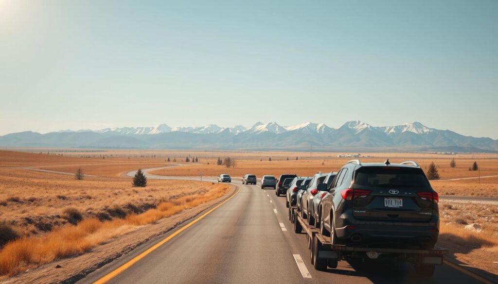 A sun-drenched highway in Laramie, Wyoming, with a long line of cars being transported on an auto carrier. The foreground features the rear of the carrier, its trailer bed loaded with a variety of vehicles - sedans, SUVs, and pickup trucks, all neatly arranged. In the middle ground, the highway winds through rolling hills, dotted with sagebrush and distant pine trees. The background is a panoramic view of the majestic Laramie Range, its snow-capped peaks contrasting with the bright blue sky. The scene is bathed in warm, golden light, creating a sense of movement and energy as the carrier transports its precious cargo to its destination. A sun-drenched highway in Laramie, Wyoming, with a long line of cars being transported on an auto carrier. The foreground features the rear of the carrier, its trailer bed loaded with a variety of vehicles - sedans, SUVs, and pickup trucks, all neatly arranged. In the middle ground, the highway winds through rolling hills, dotted with sagebrush and distant pine trees. The background is a panoramic view of the majestic Laramie Range, its snow-capped peaks contrasting with the bright blue sky. The scene is bathed in warm, golden light, creating a sense of movement and energy as the carrier transports its precious cargo to its destination.