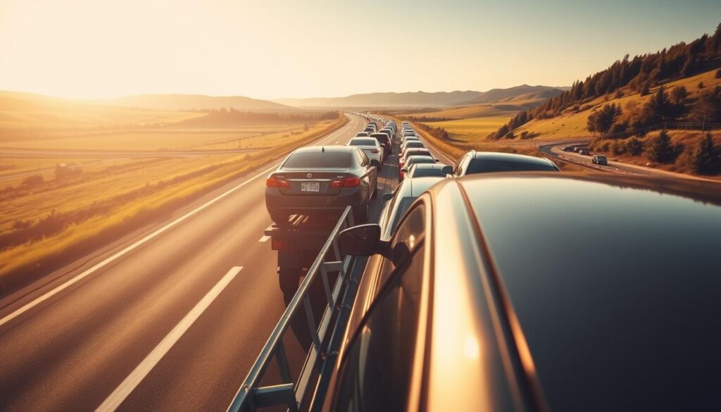 A sun-drenched highway stretches into the distance, flanked by rolling hills and lush greenery. In the foreground, a fleet of shiny cars rests atop an auto transport trailer, their glossy exteriors reflecting the golden light. The scene is captured with a wide-angle lens, creating a sense of depth and scale. Soft shadows cast by the vehicles and the trailer add depth and dimension to the composition. The mood is one of efficiency and precision, with the orderly arrangement of the cars conveying the careful handling and transportation of these valuable assets. This image perfectly encapsulates the expert care and attention to detail that characterizes the car shipping and auto transport services in Cottage Grove. A sun-drenched highway stretches into the distance, flanked by rolling hills and lush greenery. In the foreground, a fleet of shiny cars rests atop an auto transport trailer, their glossy exteriors reflecting the golden light. The scene is captured with a wide-angle lens, creating a sense of depth and scale. Soft shadows cast by the vehicles and the trailer add depth and dimension to the composition. The mood is one of efficiency and precision, with the orderly arrangement of the cars conveying the careful handling and transportation of these valuable assets. This image perfectly encapsulates the expert care and attention to detail that characterizes the car shipping and auto transport services in Cottage Grove.