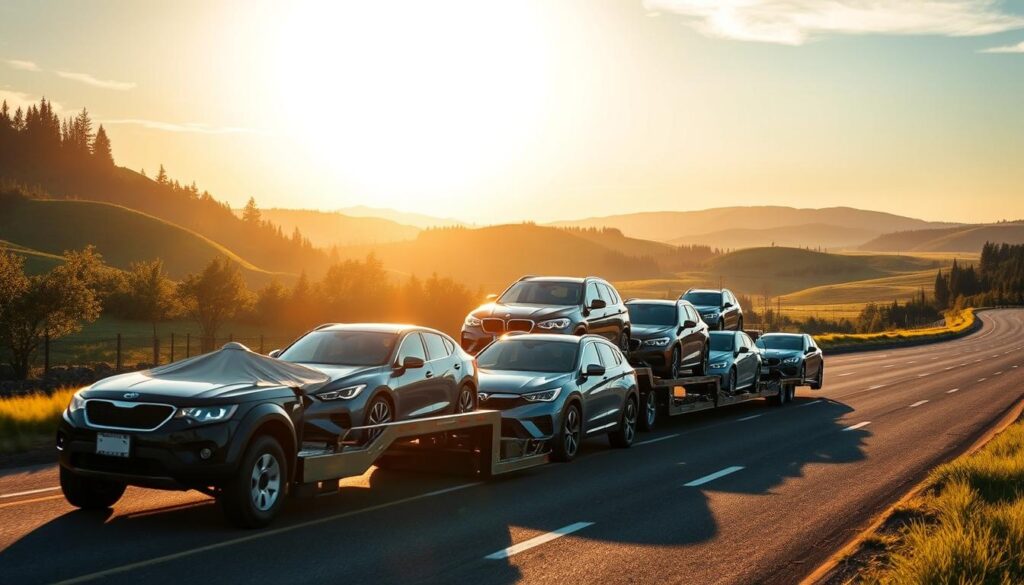 A sun-drenched highway stretches out, flanked by rolling hills and lush greenery. In the foreground, a gleaming car carrier truck carefully transports a lineup of shiny, diverse vehicles - from sleek sedans to rugged SUVs - against the backdrop of the scenic Bothell landscape. The scene is captured with a wide-angle lens, emphasizing the scale and efficiency of the car shipping operation. Warm, diffused lighting casts a golden glow, conveying a sense of trust and reliability in the auto transport industry. The overall mood is one of professionalism, attention to detail, and seamless logistics in delivering vehicles to their destinations. A sun-drenched highway stretches out, flanked by rolling hills and lush greenery. In the foreground, a gleaming car carrier truck carefully transports a lineup of shiny, diverse vehicles - from sleek sedans to rugged SUVs - against the backdrop of the scenic Bothell landscape. The scene is captured with a wide-angle lens, emphasizing the scale and efficiency of the car shipping operation. Warm, diffused lighting casts a golden glow, conveying a sense of trust and reliability in the auto transport industry. The overall mood is one of professionalism, attention to detail, and seamless logistics in delivering vehicles to their destinations.