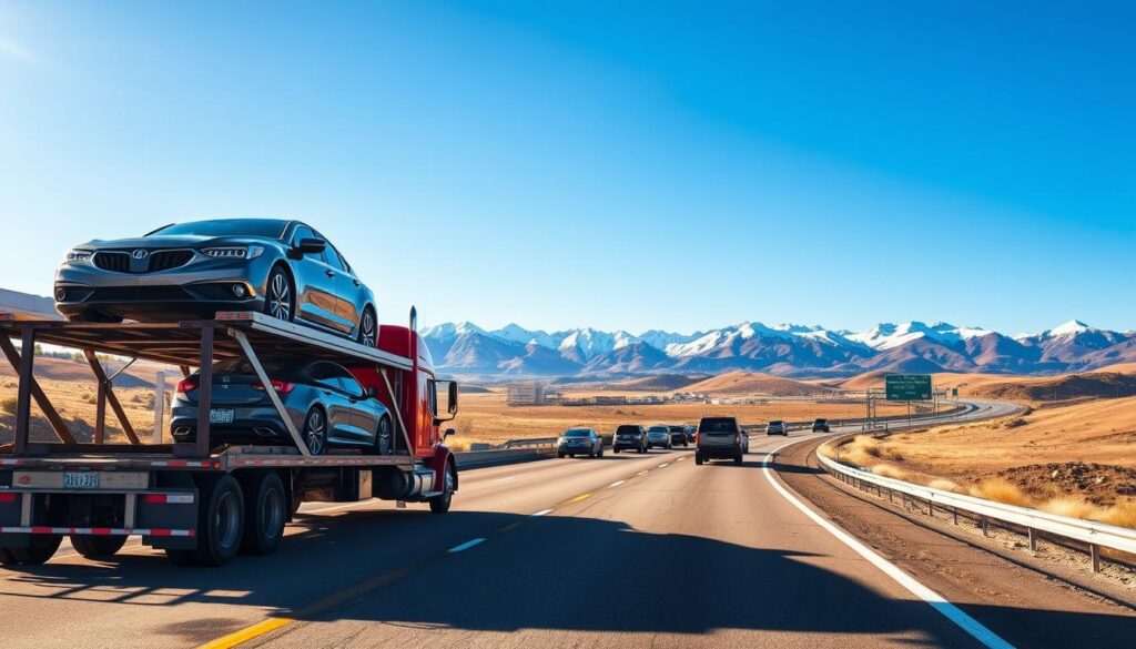 A sun-drenched interstate highway winds through the rolling hills of Pine Bluffs, Wyoming. In the foreground, a large car carrier truck, its hydraulic ramps extended, carefully loads a shiny new sedan onto the upper deck. The truck's chrome trim and bright red paint glistens in the warm afternoon light. In the middle ground, other similar car carriers line the highway, their cargo bays filled with a diverse array of vehicles, from compact hatchbacks to towering SUVs. The background features the majestic silhouettes of the nearby Laramie Mountains, their snow-capped peaks reaching towards the azure sky. The scene conveys a sense of efficient, reliable car shipping and transport, befitting the needs of the Pine Bluffs community. A sun-drenched interstate highway winds through the rolling hills of Pine Bluffs, Wyoming. In the foreground, a large car carrier truck, its hydraulic ramps extended, carefully loads a shiny new sedan onto the upper deck. The truck's chrome trim and bright red paint glistens in the warm afternoon light. In the middle ground, other similar car carriers line the highway, their cargo bays filled with a diverse array of vehicles, from compact hatchbacks to towering SUVs. The background features the majestic silhouettes of the nearby Laramie Mountains, their snow-capped peaks reaching towards the azure sky. The scene conveys a sense of efficient, reliable car shipping and transport, befitting the needs of the Pine Bluffs community.