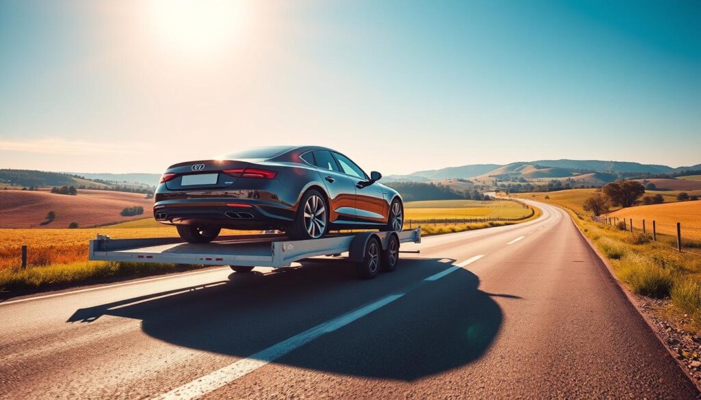 A sun-drenched open road, with a gleaming car on a trailer being transported, surrounded by a scenic countryside landscape. The car is centered in the frame, capturing the viewer's attention. The trailer is modeled in realistic detail, with its sturdy frame and secure tie-downs. In the background, rolling hills, lush greenery, and a clear blue sky create a serene, tranquil atmosphere. The lighting is warm and natural, casting soft shadows that enhance the depth and dimensionality of the scene. The camera angle is slightly elevated, providing a panoramic view that emphasizes the scale and scope of the car shipping operation. The overall mood is one of efficiency, reliability, and the smooth, hassle-free transport of valuable assets.