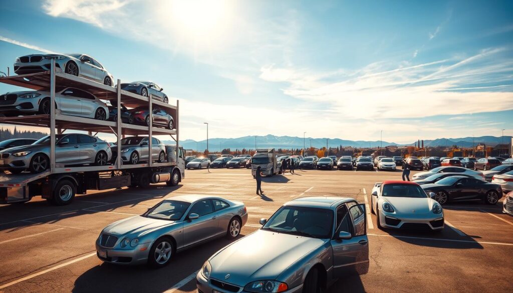 A sun-drenched parking lot, dotted with various makes and models of cars, is the stage for an intricate dance of car shipping and auto transport in Baker City. In the foreground, a large semi-truck with a multi-level car carrier trailer stands ready to load its precious cargo, its chrome fittings gleaming under the warm afternoon light. In the middle ground, a group of skilled technicians carefully inspect each vehicle, ensuring their safe passage to their final destinations. In the background, the iconic blue-and-white mountains of the Baker City skyline provide a picturesque backdrop, hinting at the journey these cars will soon embark upon. The scene conveys a sense of efficiency, professionalism, and the importance of reliable transportation solutions in this vibrant community. A sun-drenched parking lot, dotted with various makes and models of cars, is the stage for an intricate dance of car shipping and auto transport in Baker City. In the foreground, a large semi-truck with a multi-level car carrier trailer stands ready to load its precious cargo, its chrome fittings gleaming under the warm afternoon light. In the middle ground, a group of skilled technicians carefully inspect each vehicle, ensuring their safe passage to their final destinations. In the background, the iconic blue-and-white mountains of the Baker City skyline provide a picturesque backdrop, hinting at the journey these cars will soon embark upon. The scene conveys a sense of efficiency, professionalism, and the importance of reliable transportation solutions in this vibrant community.