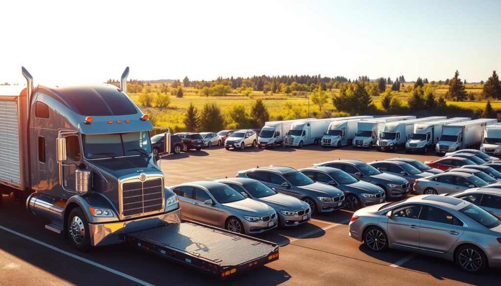 A sun-drenched parking lot, neatly arranged rows of shiny vehicles awaiting transport. In the foreground, a sturdy semi-truck with an open trailer, its chrome accents gleaming. Skilled handlers expertly guide the cars onto the trailer, securing them with precision. In the middle ground, a fleet of enclosed car carriers, their pristine white exteriors contrasting against the vibrant greenery of the surrounding landscape. A sense of order and reliability permeates the scene, reflecting the dependable vehicle shipping services offered in Washougal, WA. Warm, natural lighting casts a soft glow, creating an atmosphere of professionalism and care. The overall composition conveys the trustworthiness and attention to detail that defines the local auto transport industry. A sun-drenched parking lot, neatly arranged rows of shiny vehicles awaiting transport. In the foreground, a sturdy semi-truck with an open trailer, its chrome accents gleaming. Skilled handlers expertly guide the cars onto the trailer, securing them with precision. In the middle ground, a fleet of enclosed car carriers, their pristine white exteriors contrasting against the vibrant greenery of the surrounding landscape. A sense of order and reliability permeates the scene, reflecting the dependable vehicle shipping services offered in Washougal, WA. Warm, natural lighting casts a soft glow, creating an atmosphere of professionalism and care. The overall composition conveys the trustworthiness and attention to detail that defines the local auto transport industry.