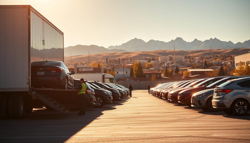 A sun-drenched parking lot, with rows of gleaming cars awaiting shipment. In the foreground, a large semi-trailer truck, its trailer open and ready to receive the vehicles. Skilled workers carefully guide the cars onto the trailer, securing them with precision. The middle ground features the Pinedale cityscape, with the majestic Teton mountains rising in the distance, a testament to the region's natural beauty. The lighting is warm and golden, casting a welcoming glow over the scene. The overall mood is one of efficiency, professionalism, and the reliable delivery of prized possessions to their destinations. This is the trusted car shipping service that Pinedale, WY, relies on. A sun-drenched parking lot, with rows of gleaming cars awaiting shipment. In the foreground, a large semi-trailer truck, its trailer open and ready to receive the vehicles. Skilled workers carefully guide the cars onto the trailer, securing them with precision. The middle ground features the Pinedale cityscape, with the majestic Teton mountains rising in the distance, a testament to the region's natural beauty. The lighting is warm and golden, casting a welcoming glow over the scene. The overall mood is one of efficiency, professionalism, and the reliable delivery of prized possessions to their destinations. This is the trusted car shipping service that Pinedale, WY, relies on.