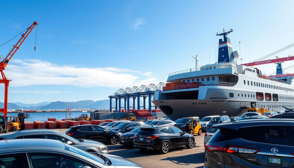 A sun-drenched port scene, with a gleaming car carrier ship docked at the quay. In the foreground, a line of shiny sedans and SUVs await loading, their exteriors reflecting the azure sky. Cranes and forklifts bustle around, efficiently loading the vehicles onto the ship's open decks. In the middle ground, warehouses and cargo containers provide a gritty industrial backdrop, while in the distance, the silhouettes of mountains rise against the horizon. The atmosphere is one of efficient, well-orchestrated logistics, where the transportation of automobiles is a seamless, finely-tuned operation. A sun-drenched port scene, with a gleaming car carrier ship docked at the quay. In the foreground, a line of shiny sedans and SUVs await loading, their exteriors reflecting the azure sky. Cranes and forklifts bustle around, efficiently loading the vehicles onto the ship's open decks. In the middle ground, warehouses and cargo containers provide a gritty industrial backdrop, while in the distance, the silhouettes of mountains rise against the horizon. The atmosphere is one of efficient, well-orchestrated logistics, where the transportation of automobiles is a seamless, finely-tuned operation.