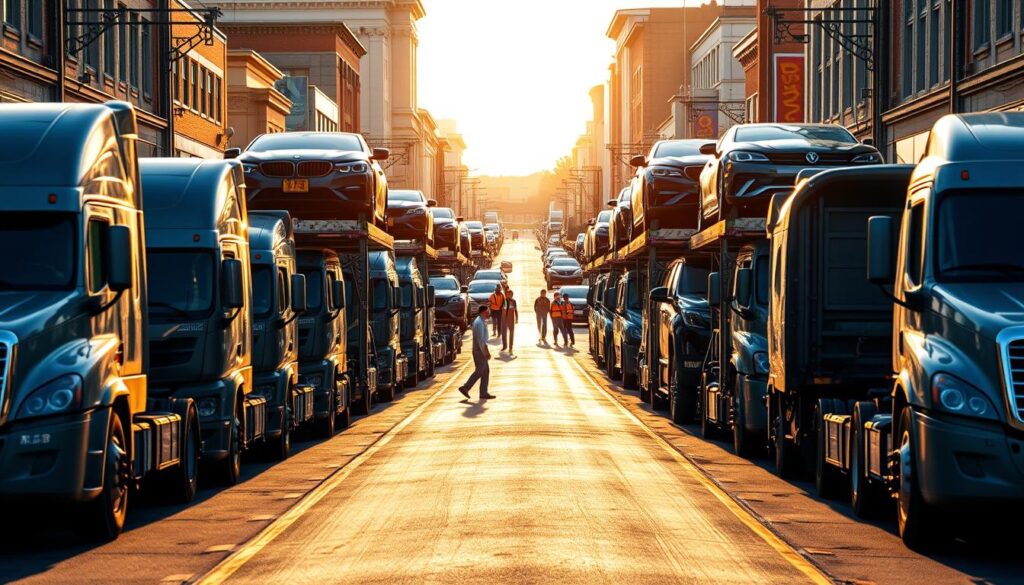 A sun-drenched scene of an Elmira car shipping operation, with a well-maintained fleet of transport trucks in the foreground. The trucks are positioned in a neatly arranged formation, their glossy exteriors reflecting the warm afternoon light. In the middle ground, skilled drivers carefully load and secure various makes and models of cars onto the transport racks, ensuring safe and efficient delivery. The background features the bustling streets of Elmira, with its vibrant storefronts and pedestrians, creating a sense of a thriving local economy. The composition is balanced and symmetrical, conveying a sense of professionalism and attention to detail in the car shipping process. A sun-drenched scene of an Elmira car shipping operation, with a well-maintained fleet of transport trucks in the foreground. The trucks are positioned in a neatly arranged formation, their glossy exteriors reflecting the warm afternoon light. In the middle ground, skilled drivers carefully load and secure various makes and models of cars onto the transport racks, ensuring safe and efficient delivery. The background features the bustling streets of Elmira, with its vibrant storefronts and pedestrians, creating a sense of a thriving local economy. The composition is balanced and symmetrical, conveying a sense of professionalism and attention to detail in the car shipping process.