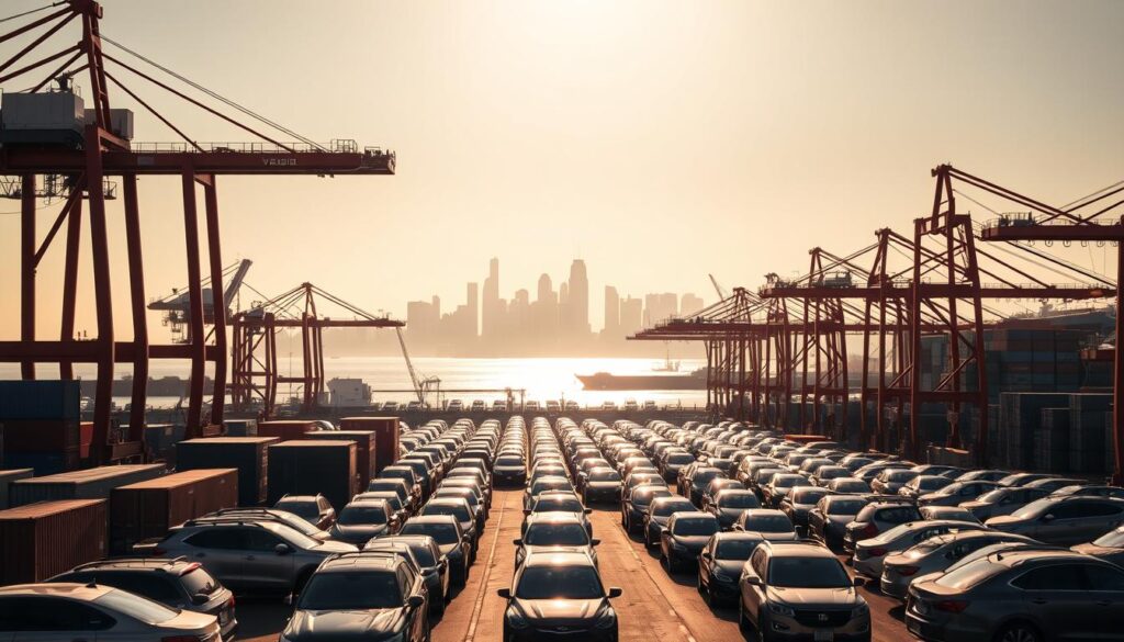 A sun-drenched seaport landscape, with a bustling car shipping terminal in the foreground. Towering cranes and cargo containers set the industrial tone, while in the middle ground, a fleet of vehicles awaits transportation, their gleaming surfaces reflecting the coastal light. In the background, the iconic silhouette of the Long Beach skyline rises, framed by a hazy, golden-hour sky. The scene conveys the efficient, high-stakes process of car shipping, with a sense of energy and scale befitting the important transportation hub of Long Beach. A sun-drenched seaport landscape, with a bustling car shipping terminal in the foreground. Towering cranes and cargo containers set the industrial tone, while in the middle ground, a fleet of vehicles awaits transportation, their gleaming surfaces reflecting the coastal light. In the background, the iconic silhouette of the Long Beach skyline rises, framed by a hazy, golden-hour sky. The scene conveys the efficient, high-stakes process of car shipping, with a sense of energy and scale befitting the important transportation hub of Long Beach.