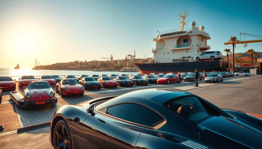 A sun-drenched seaside shipping yard, with a fleet of automobiles neatly arranged on a pristine dock. In the foreground, a gleaming sports car awaits transport, its sleek lines and vibrant color reflected in the calm waters. In the middle ground, workers efficiently load vehicles onto a massive cargo ship, its imposing silhouette against the horizon. The background features a picturesque coastal town, with its charming architecture and swaying palm trees bathed in a warm, golden light. The scene conveys a sense of efficiency, precision, and the seamless movement of goods between land and sea. A sun-drenched seaside shipping yard, with a fleet of automobiles neatly arranged on a pristine dock. In the foreground, a gleaming sports car awaits transport, its sleek lines and vibrant color reflected in the calm waters. In the middle ground, workers efficiently load vehicles onto a massive cargo ship, its imposing silhouette against the horizon. The background features a picturesque coastal town, with its charming architecture and swaying palm trees bathed in a warm, golden light. The scene conveys a sense of efficiency, precision, and the seamless movement of goods between land and sea.