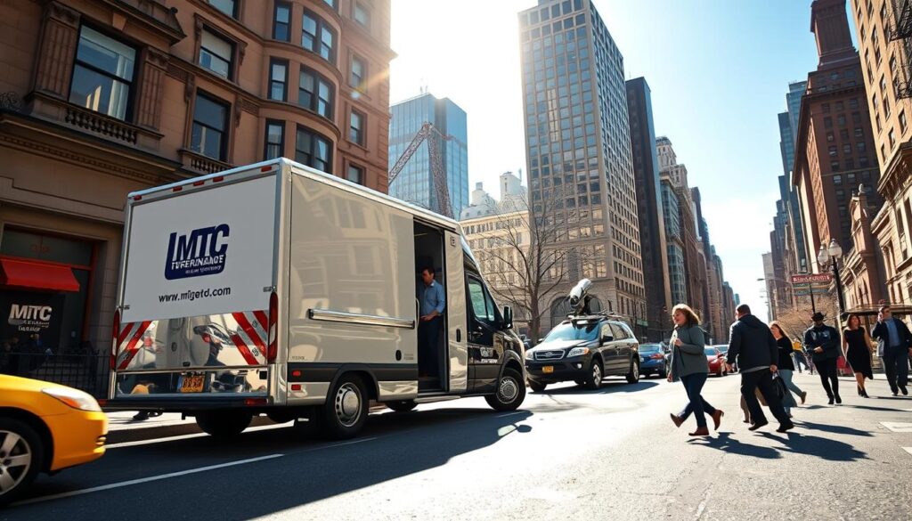 A sun-drenched street in the heart of New York City, with a yellow taxi idling by the curb. In the foreground, a delivery van emblazoned with the logo of a reputable car shipping company slowly pulls up to a stately brownstone, its driver ready to expertly load a shiny new sedan onto the vehicle's rear ramp. Pedestrians hurry by, their reflections caught in the van's gleaming chrome trim. The backdrop is a bustling cityscape, skyscrapers reaching towards a cloudless azure sky, their windows glinting in the warm afternoon light. Crisp, high-contrast photography with a slightly wide-angle lens captures the dynamic scene, conveying the efficiency and professionalism of door-to-door car delivery in the Big Apple. A sun-drenched street in the heart of New York City, with a yellow taxi idling by the curb. In the foreground, a delivery van emblazoned with the logo of a reputable car shipping company slowly pulls up to a stately brownstone, its driver ready to expertly load a shiny new sedan onto the vehicle's rear ramp. Pedestrians hurry by, their reflections caught in the van's gleaming chrome trim. The backdrop is a bustling cityscape, skyscrapers reaching towards a cloudless azure sky, their windows glinting in the warm afternoon light. Crisp, high-contrast photography with a slightly wide-angle lens captures the dynamic scene, conveying the efficiency and professionalism of door-to-door car delivery in the Big Apple.