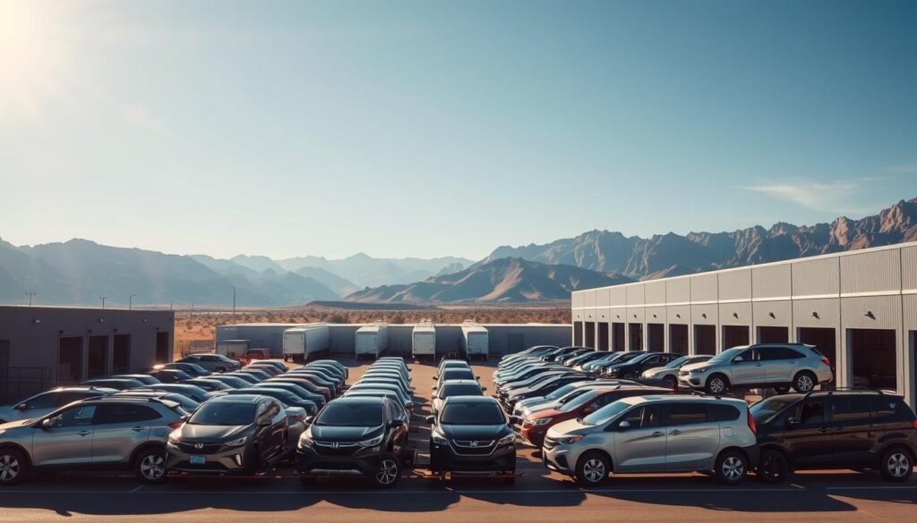 A sun-drenched, well-maintained auto transport facility nestled against the majestic backdrop of the Rock Springs, Wyoming landscape. In the foreground, a fleet of gleaming car carriers ready to transport vehicles with precision and care. The middle ground showcases the facility's modern infrastructure, including a loading dock and secure storage areas. In the distance, the rugged, picturesque Rockies provide a stunning natural canvas, infusing the scene with a sense of tranquility and reliability. Crisp, evenly distributed lighting accentuates the clean lines of the buildings and the pristine condition of the equipment, conveying a professional, trustworthy atmosphere for Rock Springs' premier auto transport services. A sun-drenched, well-maintained auto transport facility nestled against the majestic backdrop of the Rock Springs, Wyoming landscape. In the foreground, a fleet of gleaming car carriers ready to transport vehicles with precision and care. The middle ground showcases the facility's modern infrastructure, including a loading dock and secure storage areas. In the distance, the rugged, picturesque Rockies provide a stunning natural canvas, infusing the scene with a sense of tranquility and reliability. Crisp, evenly distributed lighting accentuates the clean lines of the buildings and the pristine condition of the equipment, conveying a professional, trustworthy atmosphere for Rock Springs' premier auto transport services.