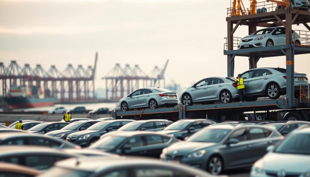 A tilt-shift lens captures a detailed scene of a car shipping terminal in Newcastle. In the foreground, a large car carrier truck meticulously loads several sedans and SUVs onto its multi-level trailer. Workers in high-visibility vests carefully secure the vehicles, ensuring safe transportation. In the middle ground, rows of gleaming cars await their turn to be loaded, each awaiting its journey to new owners. The background features the bustling port, with cranes and cargo ships silhouetted against a softly lit, overcast sky, conveying a sense of efficiency and professionalism in the car shipping process. A tilt-shift lens captures a detailed scene of a car shipping terminal in Newcastle. In the foreground, a large car carrier truck meticulously loads several sedans and SUVs onto its multi-level trailer. Workers in high-visibility vests carefully secure the vehicles, ensuring safe transportation. In the middle ground, rows of gleaming cars await their turn to be loaded, each awaiting its journey to new owners. The background features the bustling port, with cranes and cargo ships silhouetted against a softly lit, overcast sky, conveying a sense of efficiency and professionalism in the car shipping process.