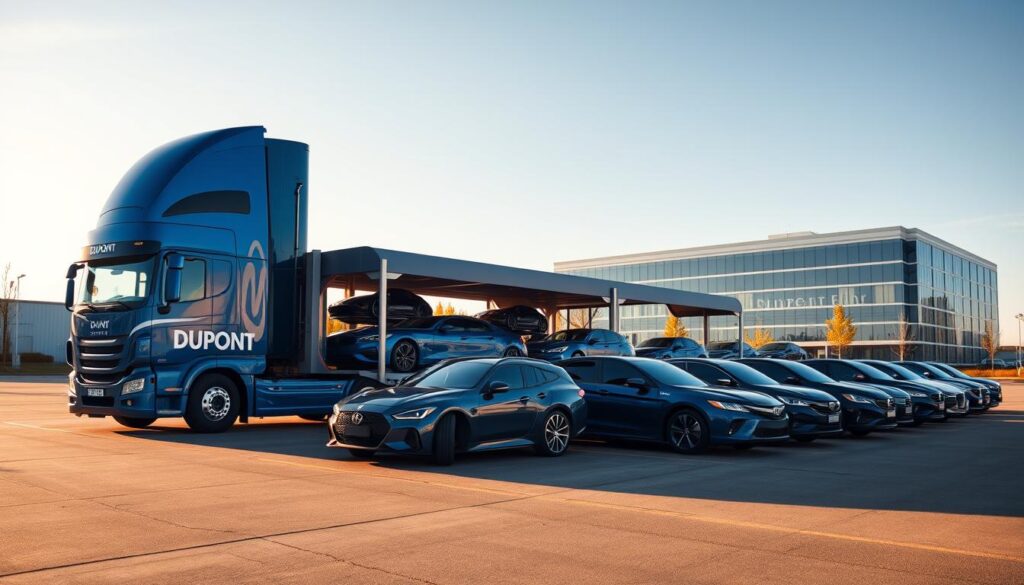 A towering DuPont auto transport truck dominates the foreground, its sleek lines and vibrant blue livery gleaming in the warm afternoon light. In the middle ground, a well-maintained fleet of shiny sedans and SUVs awaits their journey, meticulously arranged for efficient loading. The background features the iconic DuPont corporate headquarters, its modern glass facade reflecting the azure sky above. The composition conveys a sense of professionalism, reliability, and attention to detail that encapsulates the essence of the DuPont auto transport company. A towering DuPont auto transport truck dominates the foreground, its sleek lines and vibrant blue livery gleaming in the warm afternoon light. In the middle ground, a well-maintained fleet of shiny sedans and SUVs awaits their journey, meticulously arranged for efficient loading. The background features the iconic DuPont corporate headquarters, its modern glass facade reflecting the azure sky above. The composition conveys a sense of professionalism, reliability, and attention to detail that encapsulates the essence of the DuPont auto transport company.