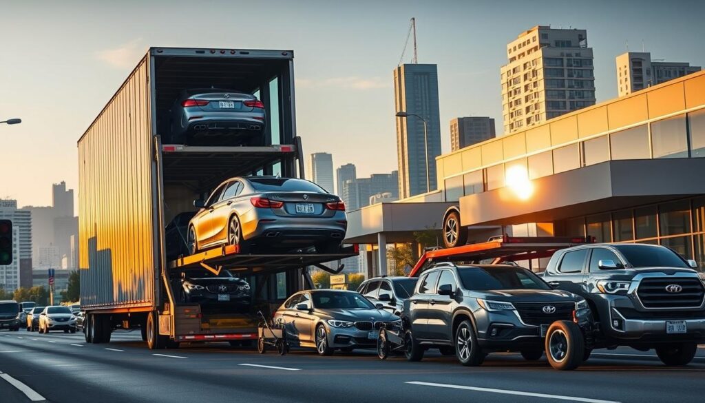 A towering car carrier truck navigates the bustling streets of SeaTac, its hydraulic ramps lowered, ready to efficiently load and transport a fleet of gleaming automobiles. In the foreground, a team of skilled operators meticulously secure the vehicles, ensuring a smooth, damage-free delivery. The midground features the company's state-of-the-art logistics center, with a modern facade and a fleet of specialized transport trucks. In the background, the iconic SeaTac skyline rises, bathed in warm, golden afternoon light, conveying a sense of reliability, expertise, and the city's thriving automotive industry. This image captures the essence of SeaTac's trusted vehicle transport service, blending speed, safety, and exceptional value. A towering car carrier truck navigates the bustling streets of SeaTac, its hydraulic ramps lowered, ready to efficiently load and transport a fleet of gleaming automobiles. In the foreground, a team of skilled operators meticulously secure the vehicles, ensuring a smooth, damage-free delivery. The midground features the company's state-of-the-art logistics center, with a modern facade and a fleet of specialized transport trucks. In the background, the iconic SeaTac skyline rises, bathed in warm, golden afternoon light, conveying a sense of reliability, expertise, and the city's thriving automotive industry. This image captures the essence of SeaTac's trusted vehicle transport service, blending speed, safety, and exceptional value.