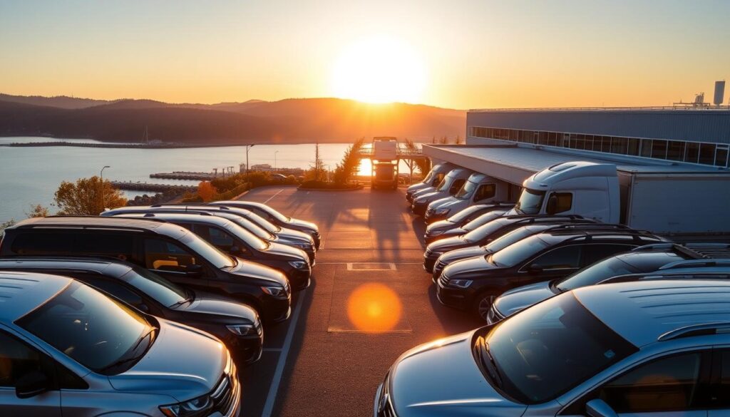 A tranquil Glen Cove setting, bathed in warm afternoon light. In the foreground, a fleet of well-maintained vehicles lined up, showcasing the reliable car shipping and auto transport services offered. The middle ground features a modern, state-of-the-art facility with a clean, inviting exterior. In the background, a scenic coastal landscape with rolling hills and a glimpse of the serene harbor. The scene conveys a sense of professionalism, attention to detail, and a commitment to providing tailored transportation solutions to meet the diverse needs of Glen Cove residents and businesses.
