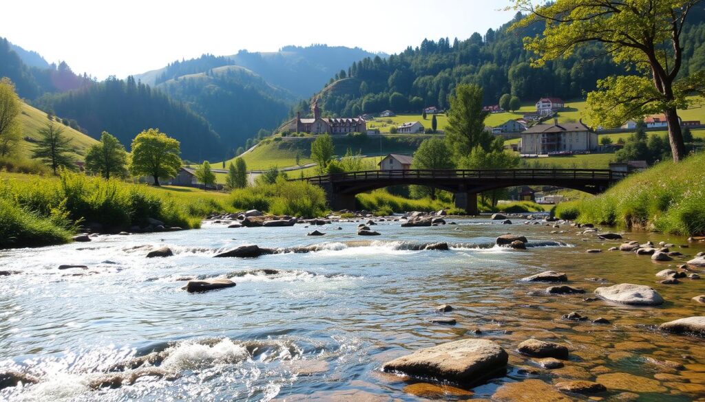 A tranquil valley stream amidst rolling hills, with sunlight gently filtering through the canopy of lush, verdant foliage. In the foreground, the crystal-clear waters of the stream flow gently, reflecting the colors of the surrounding landscape. In the middle ground, a wooden bridge arches gracefully over the stream, inviting the viewer to explore further. The background features a picturesque village nestled among the hills, with charming houses and buildings in muted, earthy tones. The overall scene exudes a sense of calm and serenity, conveying the idea of a peaceful, natural setting that could influence the pricing factors for reliable car shipping and auto transport services in the area. A tranquil valley stream amidst rolling hills, with sunlight gently filtering through the canopy of lush, verdant foliage. In the foreground, the crystal-clear waters of the stream flow gently, reflecting the colors of the surrounding landscape. In the middle ground, a wooden bridge arches gracefully over the stream, inviting the viewer to explore further. The background features a picturesque village nestled among the hills, with charming houses and buildings in muted, earthy tones. The overall scene exudes a sense of calm and serenity, conveying the idea of a peaceful, natural setting that could influence the pricing factors for reliable car shipping and auto transport services in the area.