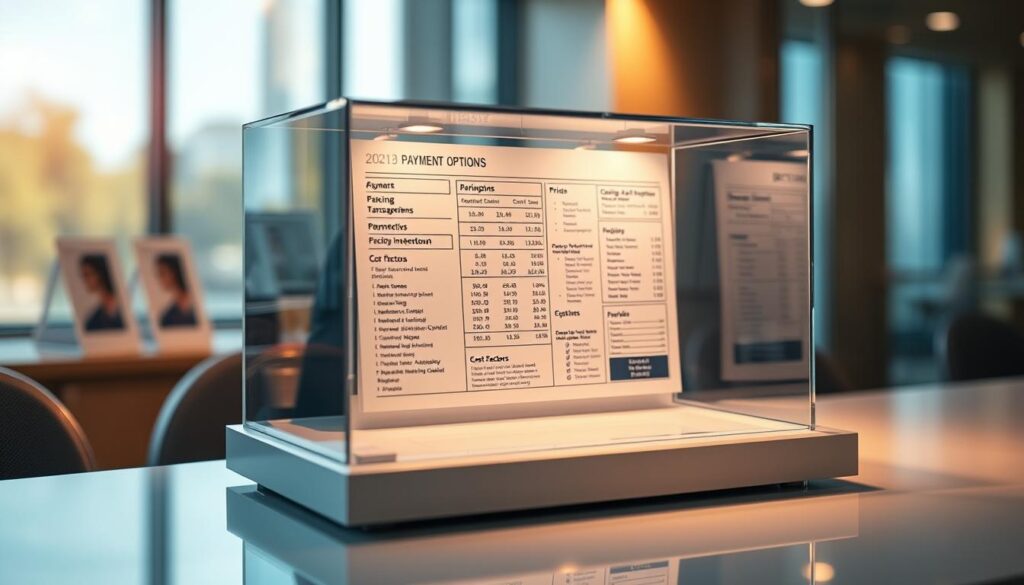 A transparent glass display case resting on a sleek, modern desk, bathed in warm, directional lighting. Inside, a neatly organized array of payment options, pricing breakdowns, and cost factors, each item presented with clarity and precision. The background blurs softly, drawing the viewer's attention to the detailed financial information, conveying a sense of transparency and trust. The overall composition radiates a professional, service-oriented atmosphere, perfectly suited to illustrate the "Transparent Pricing, Payment Options, and What Affects Cost" section of the article. A transparent glass display case resting on a sleek, modern desk, bathed in warm, directional lighting. Inside, a neatly organized array of payment options, pricing breakdowns, and cost factors, each item presented with clarity and precision. The background blurs softly, drawing the viewer's attention to the detailed financial information, conveying a sense of transparency and trust. The overall composition radiates a professional, service-oriented atmosphere, perfectly suited to illustrate the "Transparent Pricing, Payment Options, and What Affects Cost" section of the article.