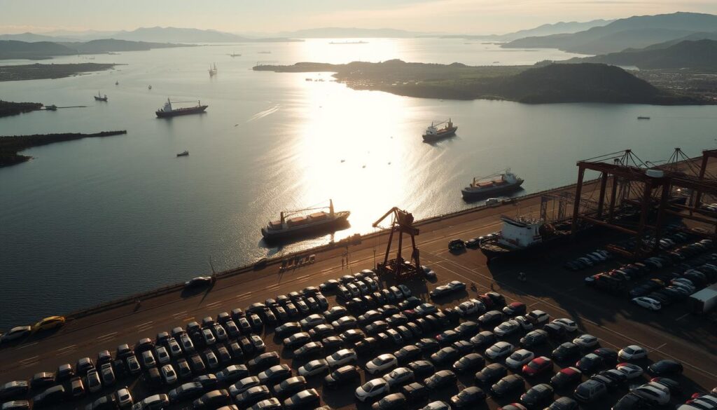 A vast aerial view of a sprawling car shipping network, with winding routes crisscrossing through lush coastal landscapes. Cargo ships dot the shimmering waters, ferrying automobiles from the bustling port of Anacortes to distant destinations. Towering gantry cranes stand sentry, seamlessly loading and unloading the precious cargo. In the foreground, rows of neatly parked vehicles await their turn, reflecting the sun's rays off their gleaming surfaces. The scene is bathed in a warm, golden glow, evoking a sense of efficiency, reliability, and the relentless flow of commerce. Subtle hints of the rugged Cascade Mountains loom in the background, a testament to the resilience and connectivity of this vital transportation hub. A vast aerial view of a sprawling car shipping network, with winding routes crisscrossing through lush coastal landscapes. Cargo ships dot the shimmering waters, ferrying automobiles from the bustling port of Anacortes to distant destinations. Towering gantry cranes stand sentry, seamlessly loading and unloading the precious cargo. In the foreground, rows of neatly parked vehicles await their turn, reflecting the sun's rays off their gleaming surfaces. The scene is bathed in a warm, golden glow, evoking a sense of efficiency, reliability, and the relentless flow of commerce. Subtle hints of the rugged Cascade Mountains loom in the background, a testament to the resilience and connectivity of this vital transportation hub.