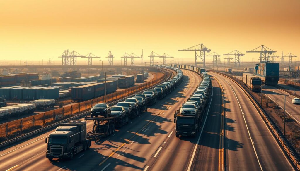 A vast, interconnected network of vehicle transport routes stretches across the landscape, with highways, railways, and shipping lanes converging to create a dynamic, efficient system. In the foreground, a fleet of specialized car carriers navigates the roads, their steel frames and hydraulic ramps ready to safely deliver vehicles to their destinations. In the middle ground, a bustling intermodal hub sees trains loaded with automobiles, ready to be dispersed across the country. In the distance, the silhouettes of towering cranes and cargo ships hint at the global scale of this transportation network, seamlessly integrating land, sea, and air to ensure the reliable, timely delivery of vehicles. Warm, directional lighting casts a sense of purpose and momentum, while a subtle haze lends an atmospheric quality to the scene. A vast, interconnected network of vehicle transport routes stretches across the landscape, with highways, railways, and shipping lanes converging to create a dynamic, efficient system. In the foreground, a fleet of specialized car carriers navigates the roads, their steel frames and hydraulic ramps ready to safely deliver vehicles to their destinations. In the middle ground, a bustling intermodal hub sees trains loaded with automobiles, ready to be dispersed across the country. In the distance, the silhouettes of towering cranes and cargo ships hint at the global scale of this transportation network, seamlessly integrating land, sea, and air to ensure the reliable, timely delivery of vehicles. Warm, directional lighting casts a sense of purpose and momentum, while a subtle haze lends an atmospheric quality to the scene.