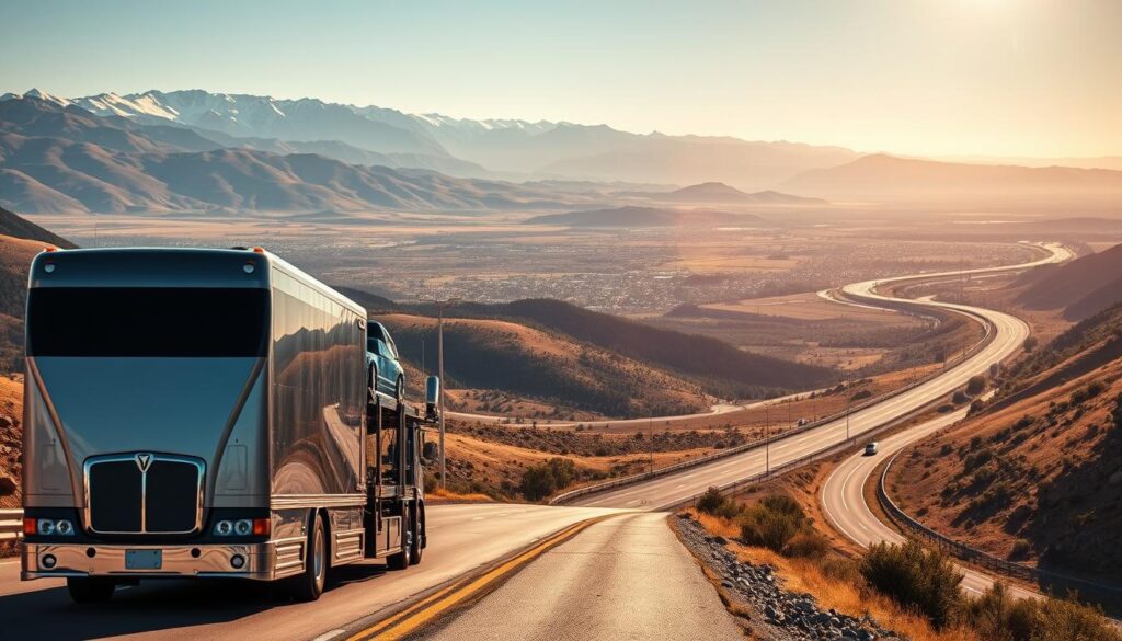 A vast landscape of roads and highways, capturing the nationwide coverage of a trusted car shipping service. In the foreground, a sleek, modern car carrier truck navigates winding mountain roads, its chrome accents gleaming in the warm, golden sunlight. The middle ground reveals a patchwork of lush greenery and rolling hills, dotted with small towns and cities, representing the local expertise and personalized service offered. In the background, a panoramic vista of towering mountain peaks, their snow-capped summits reaching towards the clear, azure sky, symbolizing the breadth and scope of the nationwide coverage. The scene is imbued with a sense of reliability, efficiency, and the seamless transportation of vehicles across the country. A vast landscape of roads and highways, capturing the nationwide coverage of a trusted car shipping service. In the foreground, a sleek, modern car carrier truck navigates winding mountain roads, its chrome accents gleaming in the warm, golden sunlight. The middle ground reveals a patchwork of lush greenery and rolling hills, dotted with small towns and cities, representing the local expertise and personalized service offered. In the background, a panoramic vista of towering mountain peaks, their snow-capped summits reaching towards the clear, azure sky, symbolizing the breadth and scope of the nationwide coverage. The scene is imbued with a sense of reliability, efficiency, and the seamless transportation of vehicles across the country.