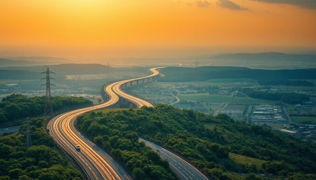 A vast network of multi-lane highways crisscrossing a sprawling landscape, illuminated by the warm glow of the sun. In the foreground, a winding asphalt road stretches into the distance, flanked by towering power lines and lush green foliage. The middle ground features a patchwork of rolling hills and farmland, dotted with occasional small towns and industrial complexes. The background showcases a hazy, cloud-filled sky, creating a sense of depth and scale. The image conveys a sense of connectivity, infrastructure, and the vastness of the American transportation network, perfect for illustrating the nationwide coverage of the Lockport car shipping and auto transport service. A vast network of multi-lane highways crisscrossing a sprawling landscape, illuminated by the warm glow of the sun. In the foreground, a winding asphalt road stretches into the distance, flanked by towering power lines and lush green foliage. The middle ground features a patchwork of rolling hills and farmland, dotted with occasional small towns and industrial complexes. The background showcases a hazy, cloud-filled sky, creating a sense of depth and scale. The image conveys a sense of connectivity, infrastructure, and the vastness of the American transportation network, perfect for illustrating the nationwide coverage of the Lockport car shipping and auto transport service.
