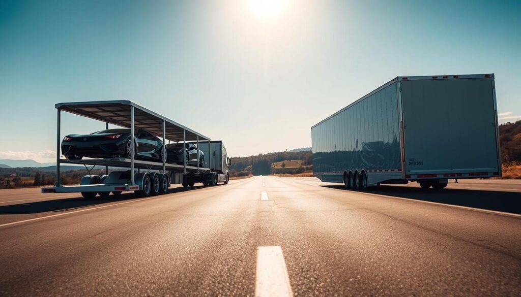 A vast open road, two distinct transportation options side by side. On the left, a sleek, open-air car carrier, its shelves exposing the vehicles it transports. On the right, a fully enclosed trailer, its smooth sides shielding the precious cargo within. Bright sunlight filters through, casting dramatic shadows and highlights, emphasizing the contrast. In the distance, a rolling landscape of hills and trees, suggesting the journey these vehicles will embark upon. The scene conveys a sense of choice, flexibility, and the careful consideration required when selecting the best method to safely deliver automobiles to their destination. A vast open road, two distinct transportation options side by side. On the left, a sleek, open-air car carrier, its shelves exposing the vehicles it transports. On the right, a fully enclosed trailer, its smooth sides shielding the precious cargo within. Bright sunlight filters through, casting dramatic shadows and highlights, emphasizing the contrast. In the distance, a rolling landscape of hills and trees, suggesting the journey these vehicles will embark upon. The scene conveys a sense of choice, flexibility, and the careful consideration required when selecting the best method to safely deliver automobiles to their destination.