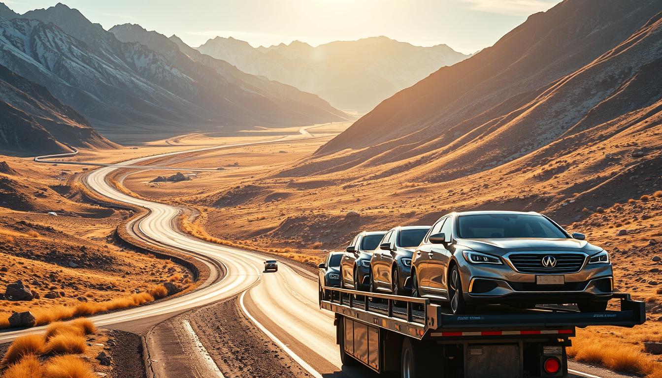 A vast road network winding through rugged Wyoming terrain, with snow-capped peaks in the distance. In the foreground, an open-top transport truck carries a row of gleaming automobiles, their chrome and paint reflecting the warm afternoon sunlight. The scene is bathed in a golden glow, conveying a sense of reliability and efficient service. The camera angle captures the grand scale of the operation, emphasizing the comprehensive coverage and nationwide reach of the car shipping service. The overall composition suggests a harmonious blend of technology, nature, and seamless transportation.