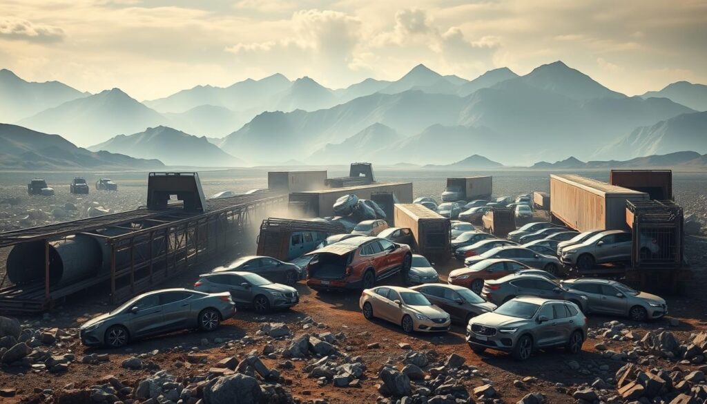 A vast, rugged battlefield where open and enclosed car carriers engage in a fierce contest. In the foreground, hulking open carriers clash, their metal frames and loading ramps colliding as they jockey for position. Surrounding them, nimble enclosed carriers dart between obstacles, their sleek profiles cutting through the fray. The background is a panorama of towering mountains, their peaks shrouded in mist, lending an air of drama and intensity to the scene. Harsh, dramatic lighting casts long shadows, heightening the sense of conflict and struggle. The overall mood is one of high-stakes competition, with the fate of the car shipping industry hanging in the balance. A vast, rugged battlefield where open and enclosed car carriers engage in a fierce contest. In the foreground, hulking open carriers clash, their metal frames and loading ramps colliding as they jockey for position. Surrounding them, nimble enclosed carriers dart between obstacles, their sleek profiles cutting through the fray. The background is a panorama of towering mountains, their peaks shrouded in mist, lending an air of drama and intensity to the scene. Harsh, dramatic lighting casts long shadows, heightening the sense of conflict and struggle. The overall mood is one of high-stakes competition, with the fate of the car shipping industry hanging in the balance.